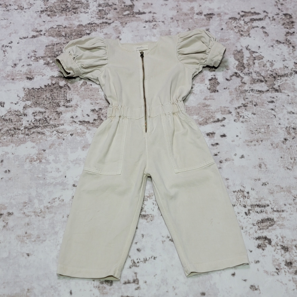 Pehr Toddler Vintage Twill Jumpsuit 4Y Cream Puff Sleeve Zip Front Utility